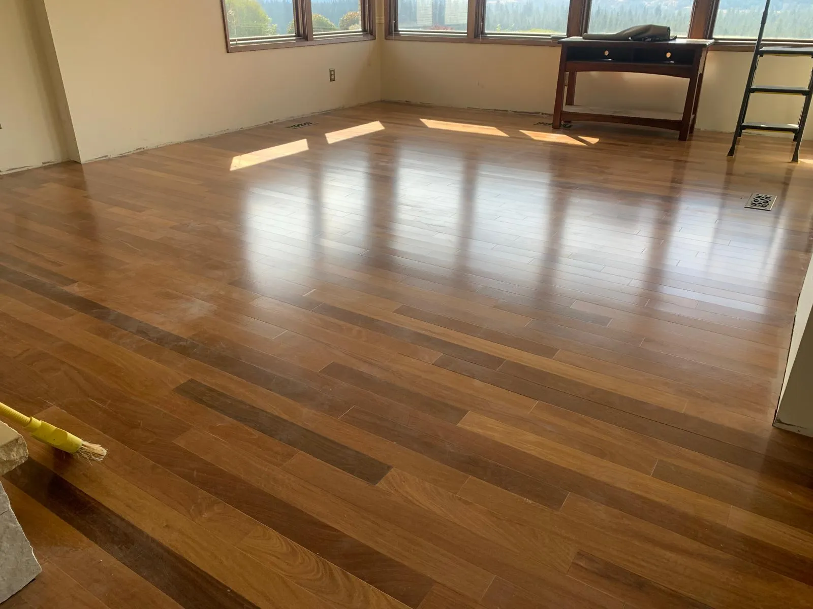 Freshly refinished glossy oak hardwood floor in a sunlit living room