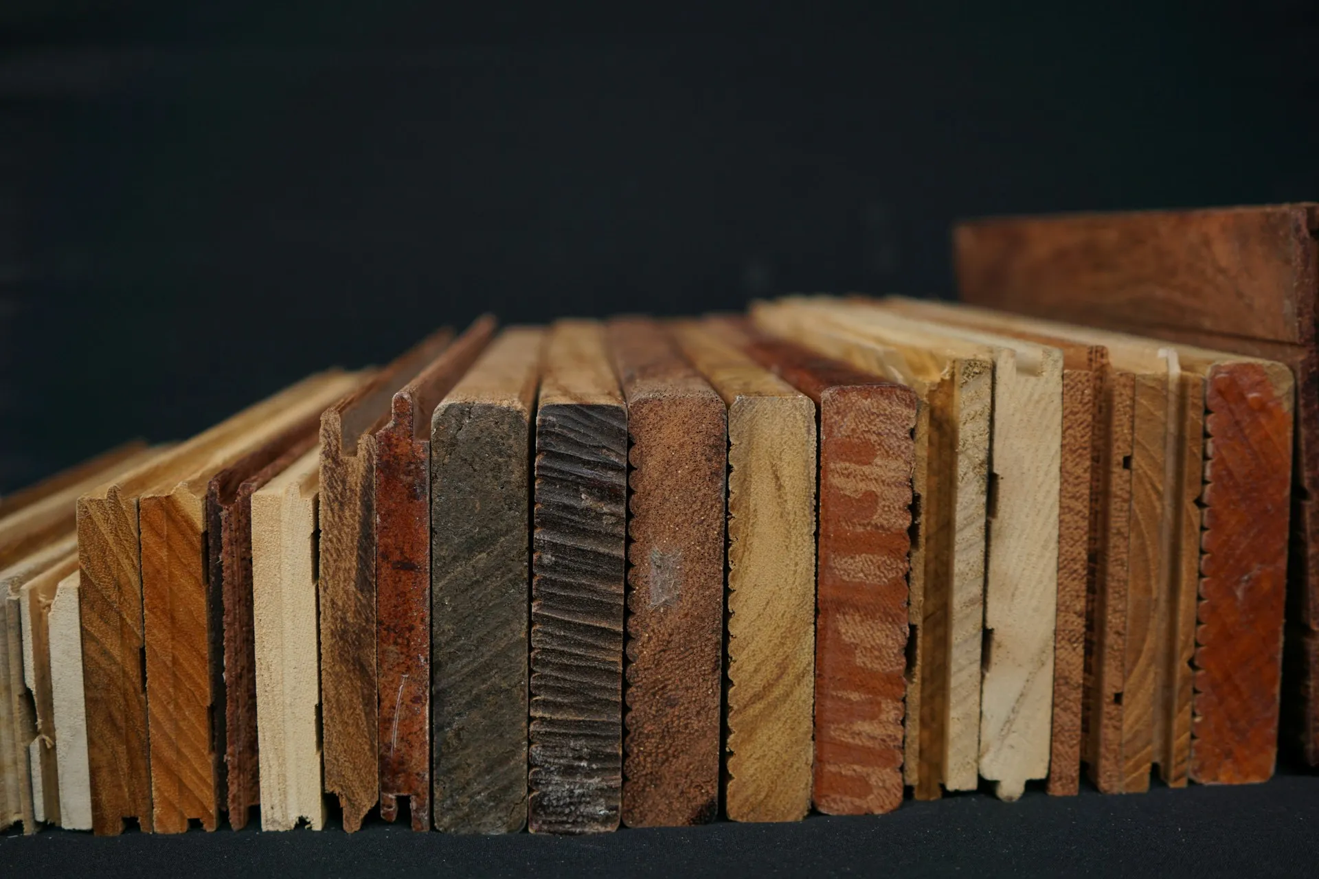 Stacked hardwood flooring samples in a range of wood species and tones