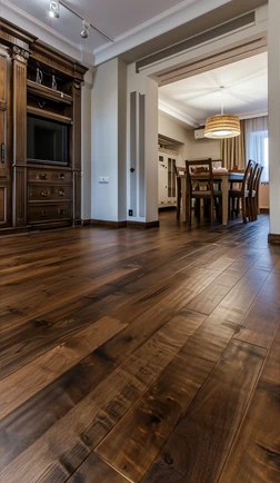 Warm-toned restored hardwood flooring leading into a dining room