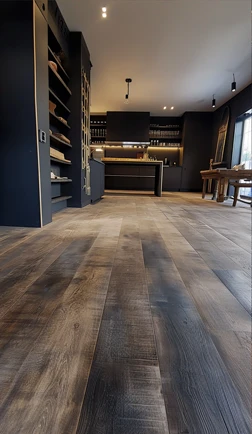 Dark restored plank flooring in an open-plan kitchen with pendant lighting