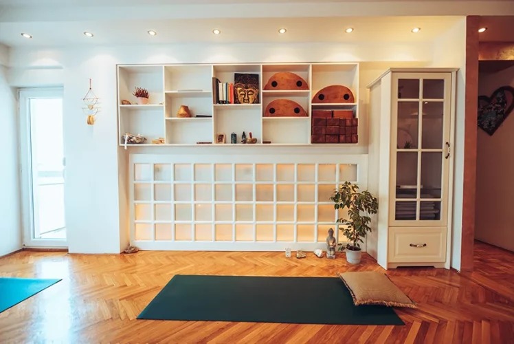 Wall shelf above a warm hardwood floor with a low-sheen finish
