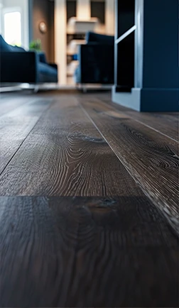 Richly grained hardwood plank flooring catching warm, low light