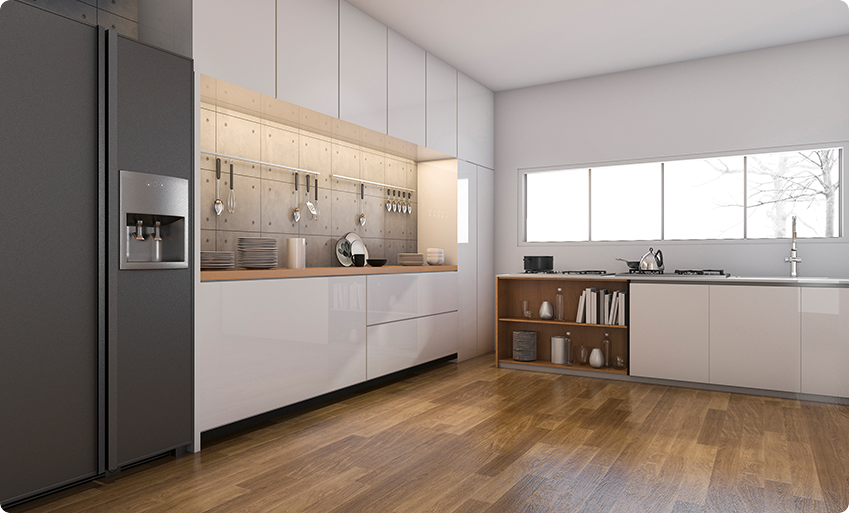 Large modern white kitchen with warm wood-toned plank flooring