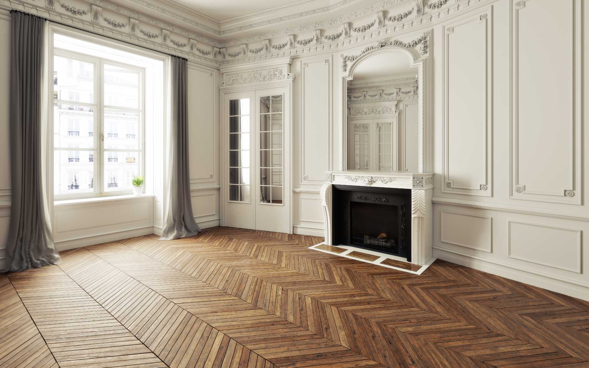 Bright residential living room with restored hardwood floor