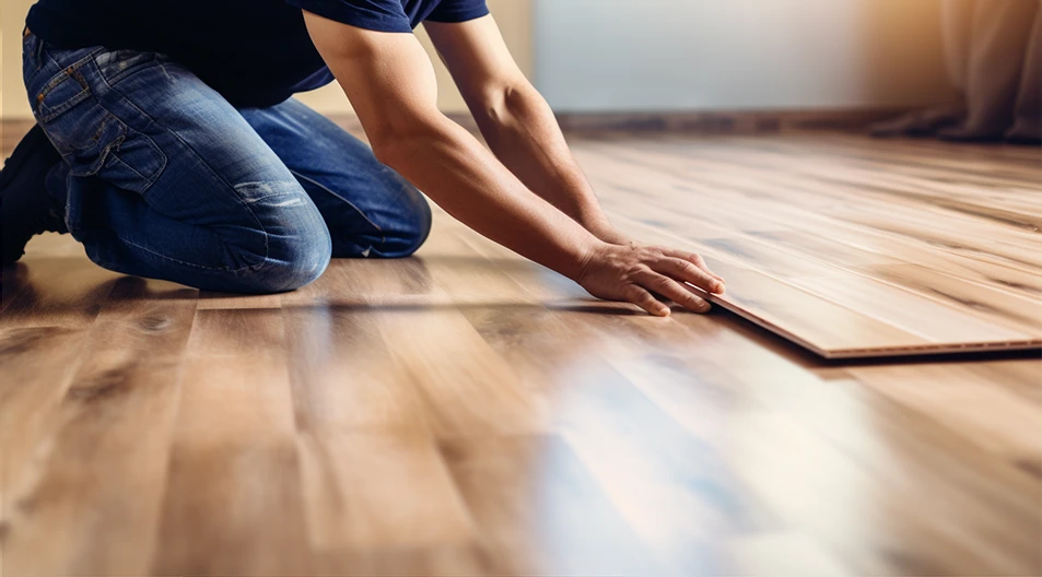 Installer fitting a hardwood plank into place on a finished floor
