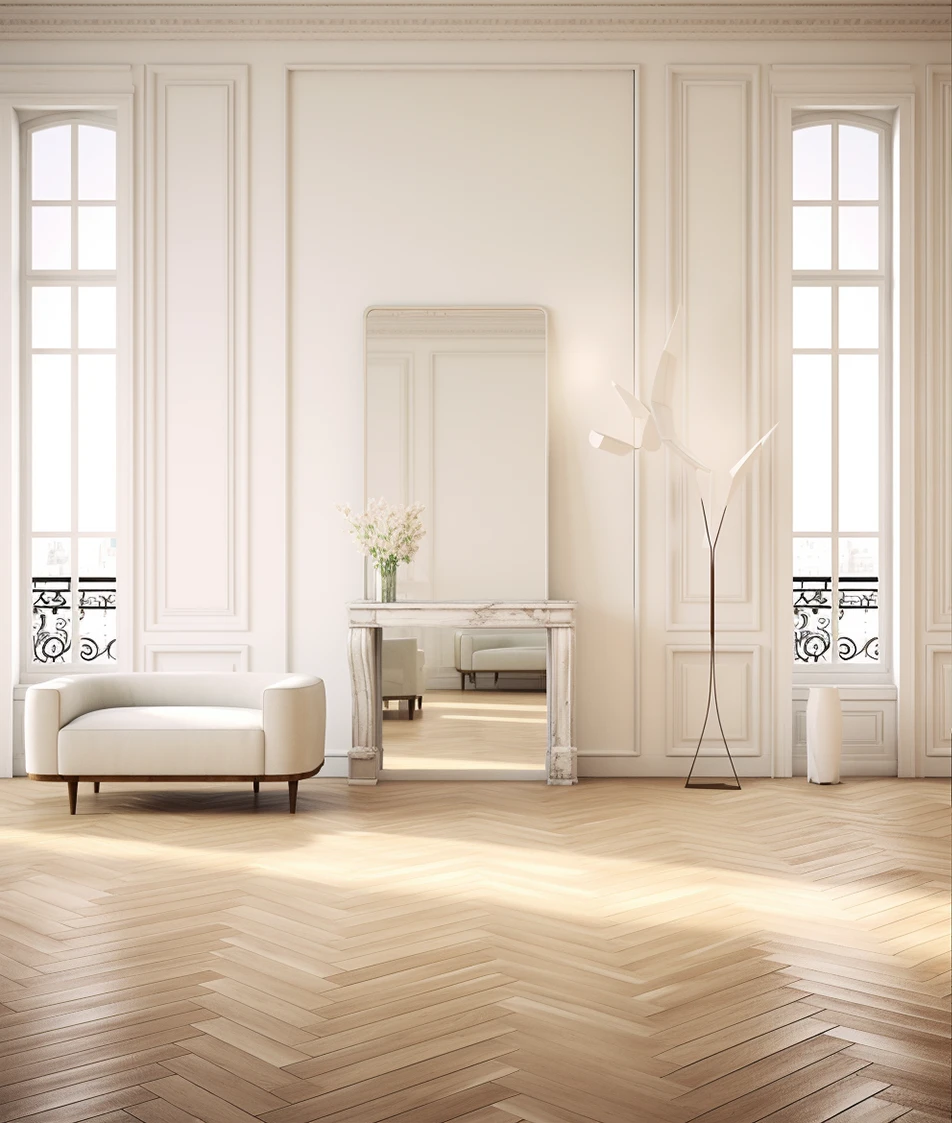 Bright, sunlit living room with herringbone hardwood flooring, a white sofa and a marble fireplace
