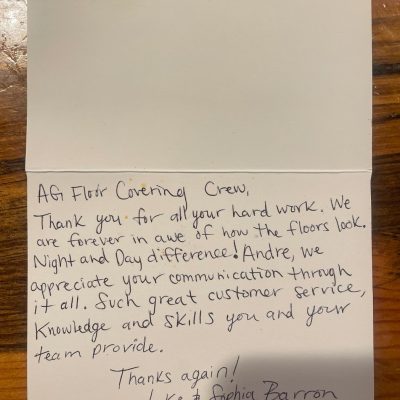 Handwritten thank-you card from Jake & Sophia Barron praising AG Floor Covering's crew