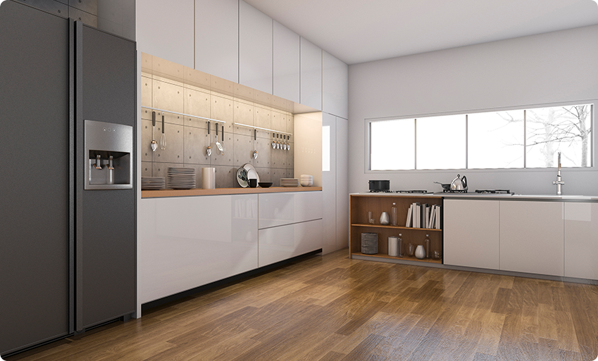 Large modern white kitchen with laminate flooring